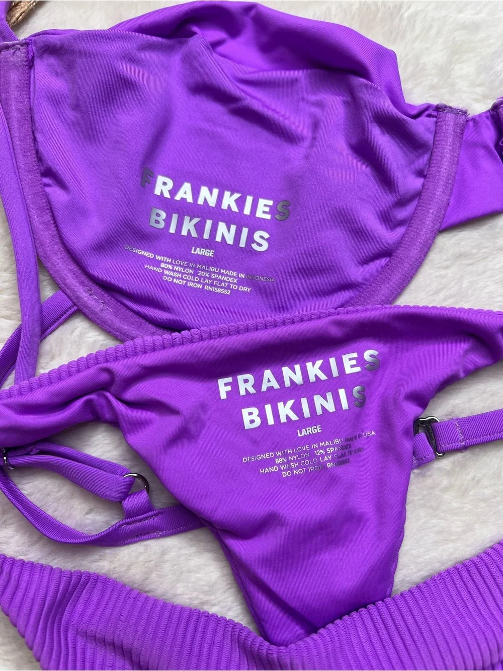 Frankies Bikinis Purple Underwire Bikini Set Ribbed Tie Side Bottoms Large